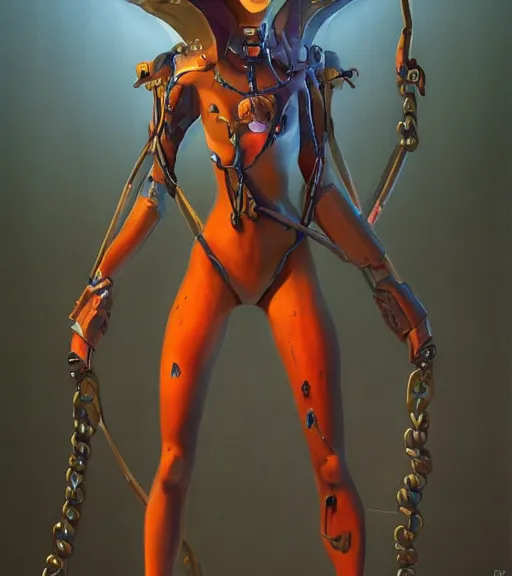 Image similar to full figure, painting of tracer from overwatch, in style of zdzisław beksinski, horror, 4 k, feminine facial features, full armor, full armor, detailed face, tall, dark ropes and chains in background