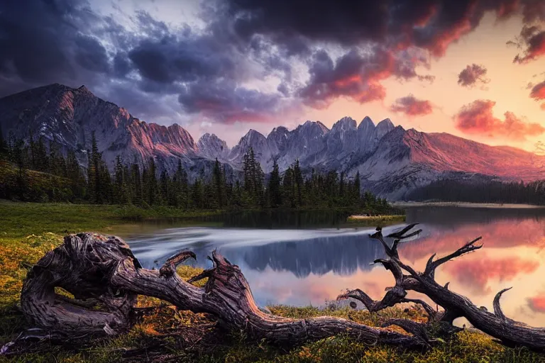 Prompt: beautiful landscape of mountains with lake and a dead tree in the foreground by Marc Adamus, sunset, dramatic sky