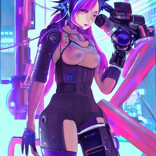 Image similar to A beautiful painting of a cyberpunk anime girl with purple hair and an a huge robot arm sensual stare, augmentations and cybernetic enhancements neon circuits, by Stanley Artgerm Lau, WLOP, Rossdraws, James Jean, Andrei Riabovitchev, Marc Simonetti, and Sakimichan, trending on artstation, hyperrealist, cinema4D, 8k highly detailed ❤️‍🔥 🔥 💀 🤖 🚀