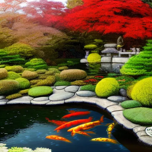 Prompt: beautiful matte painting of a japanese koi pond in the center of a japanese autumn garden