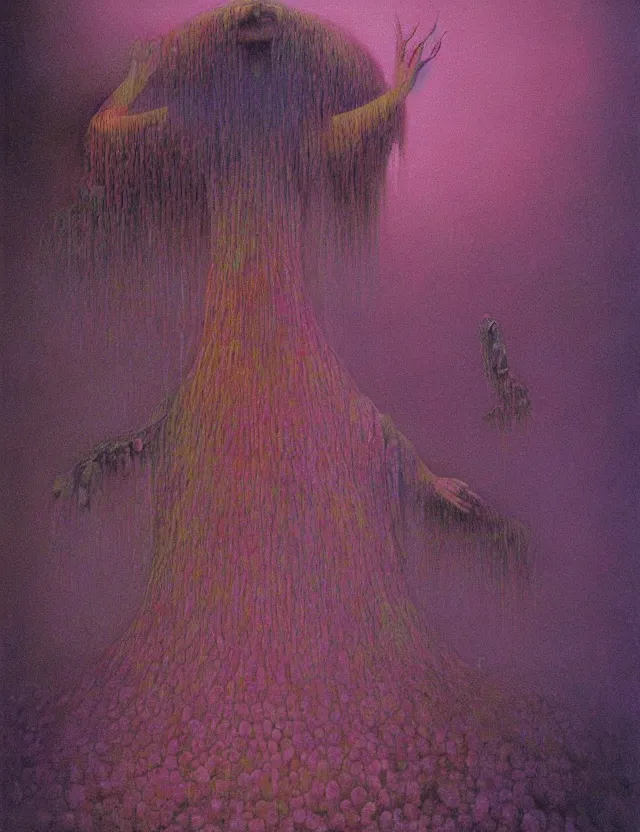 Image similar to fungal bloom fairy monarch forgotten mold fae king by zdzisław beksiński, oil painting award winning, chromatic aberration bizarre colors