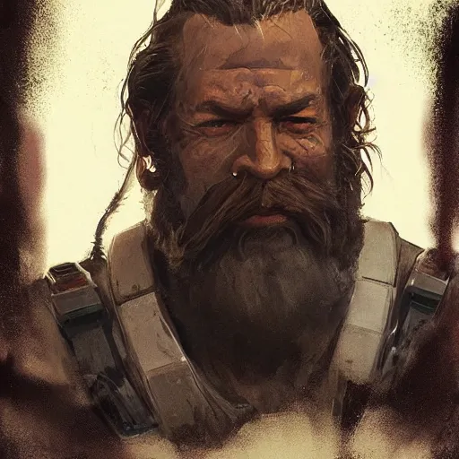 Prompt: portrait of a man by greg rutkowski, old bounty hanter, samoan features, tall and muscular, epic beard, star wars expanded universe, he is about 8 0 years old, wearing tactical gear.