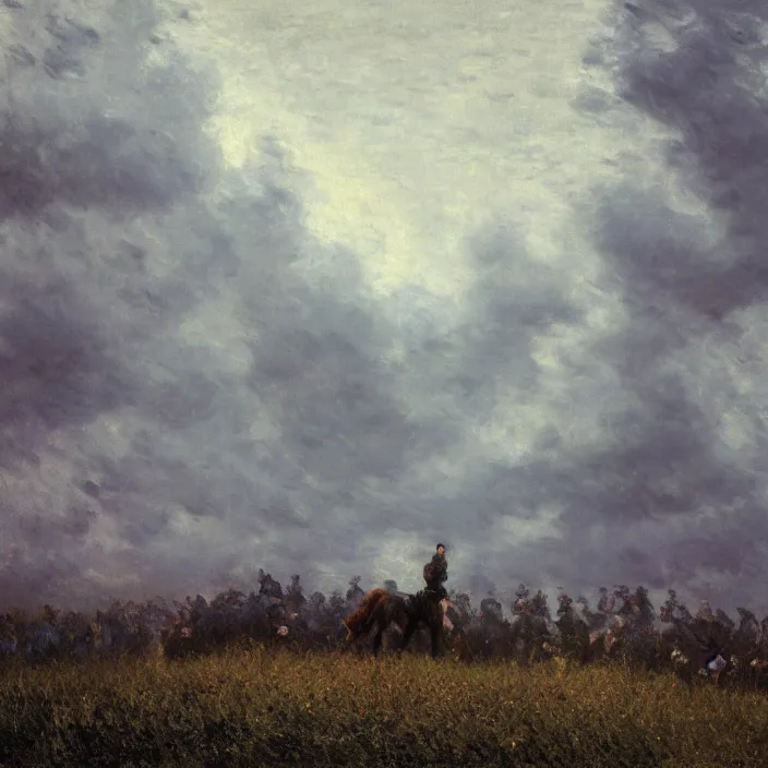 Image similar to medium shot, low-angle, painting of wild hunt in the sky, dark clouds, night, beautiful, dark academia aesthetic, magic vibes, soft lighting, by George Roux, by Monet, by oil on canvas, Royal Academy, masterpiece, trending on artstation, cinematic composition, dramatic pose, beautiful lighting, sharp, details, hyper-detailed, HD