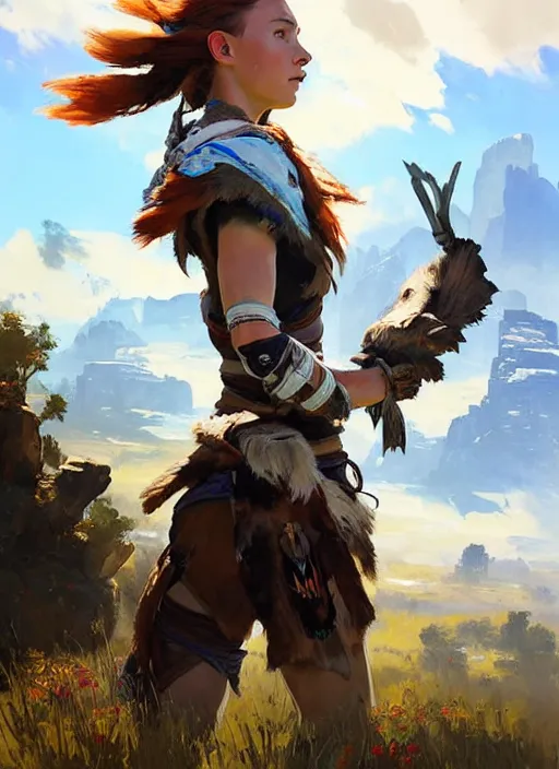 Image similar to portrait of a caucasian Aloy from Horizon Zero Dawn in the style of Apex Legends practicing, countryside, calm, fantasy character portrait, dynamic pose, above view, sunny day, clouds in the sky, artwork by Jeremy Lipkin and Giuseppe Dangelico Pino and Michael Garmash and Rob Rey and Greg Manchess, very coherent asymmetrical artwork, sharp edges, perfect face, simple form, 100mm