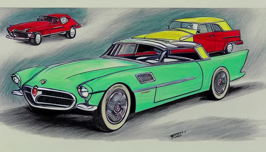 Prompt: 1955 Pontiac Firebird station wagon concept as drawn by Dr. Suess, full color drawing