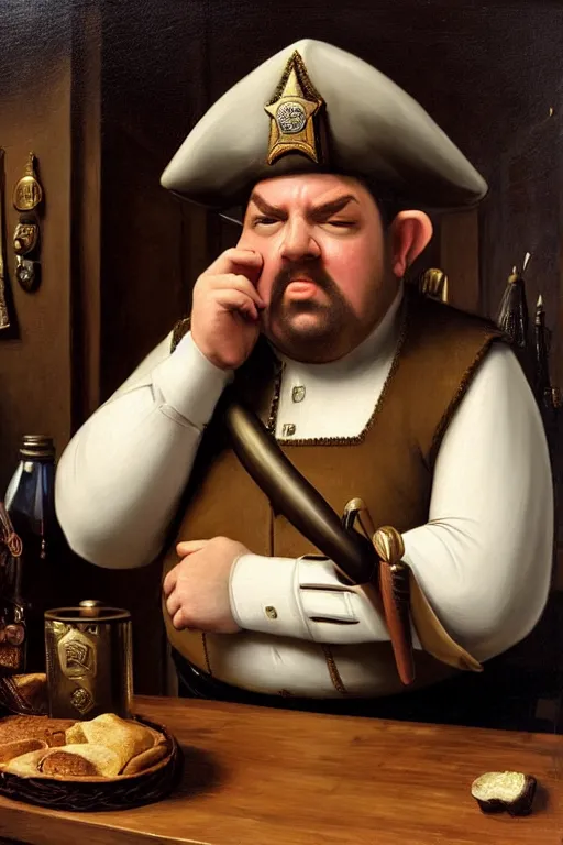 Image similar to high fantasy elf mall cop at a tavern with a sheriff's badge that is fat, shifty, and incompetent, portrait from the chest up, Famous painting by Renaissance Painter Carvagio, Oil Painting, hyper realistic,, 8k UHD scan