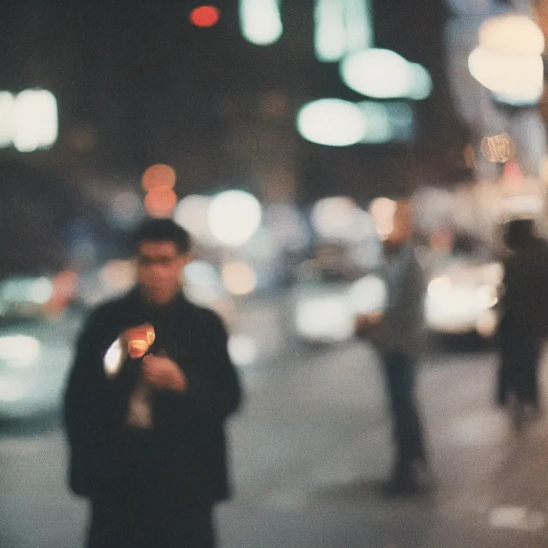 Prompt: analog medium format film blurry street night flash photography close up man portrait in new york, 1 9 6 0 s hasselblad film street photography, featured on unsplash, vintage expired colour film photograph