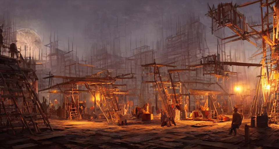 Image similar to book illustration of small wooden village under construction. Wooden scaffolding and workers. Atmospheric beautiful by Eddie mendoza and Craig Mullins. volumetric lights