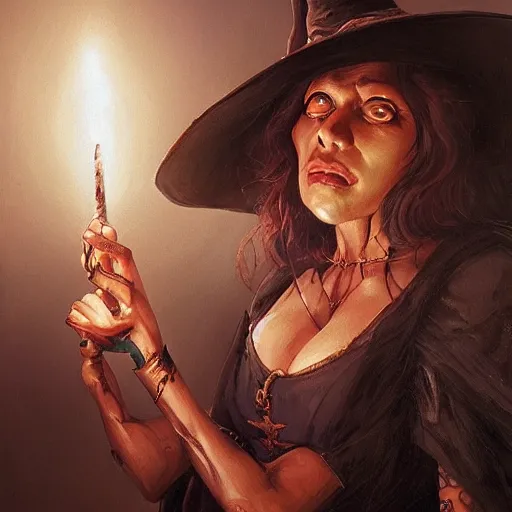 Prompt: a beautiful portrait of a witch casting a spell by Adrian Smith, featured on artstation