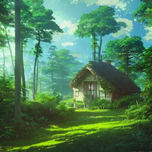 A studio ghibli forest, a little cottage with | Stable Diffusion