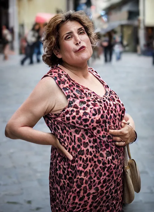 Prompt: Mid-shot portrait of beautiful Spanish 50-year-old woman model, chubby, with lovely look, happy, candid street portrait in the style of Martin Schoeller award winning, Sony a7R