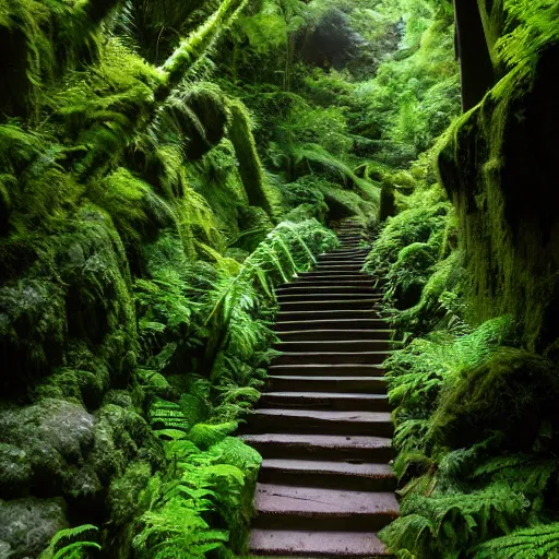 Prompt: fern canyon gorge in oregon, stone stairway, overgrown lush plants, atmospheric, cinematic, by studio ghibli,