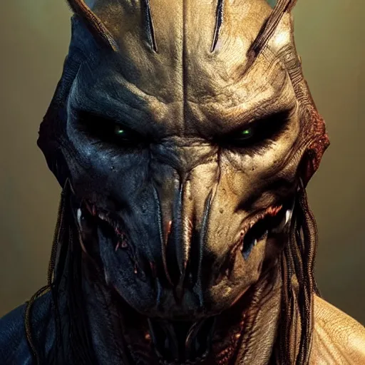 Image similar to A frontal head portrait of The Predator , by dreadjim, Greg Rutkowski, james gurney, epic scifi character art, Exquisite detail, post-processing, low angle view, masterpiece, cinematic