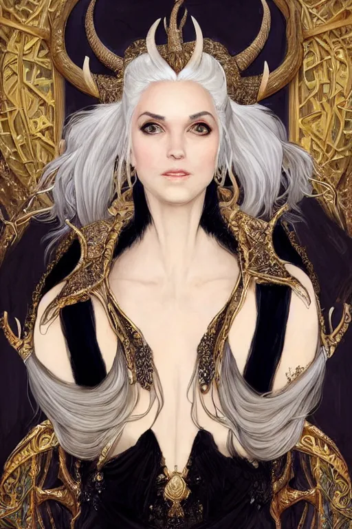 Image similar to fullbody!! of a beautiful woman with white hair, big natural horns on her head, long flowing intricate black lace dress, gold and gemstone jewellery, dnd, face, fantasy, intricate, elegant, highly detailed, digital painting, artstation, concept art, smooth, sharp focus, illustration, art by artgerm and greg rutkowski and alphonse mucha