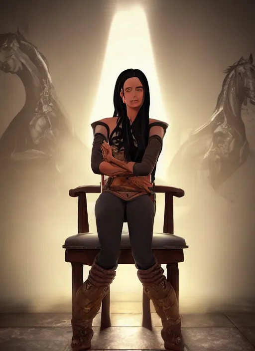 Image similar to An epic fantasy comic book style portrait painting of a tan woman with black hair in a pony tail and serious eyes sitting on a large chair, unreal 5, DAZ, hyperrealistic, octane render, cosplay, RPG portrait, dynamic lighting