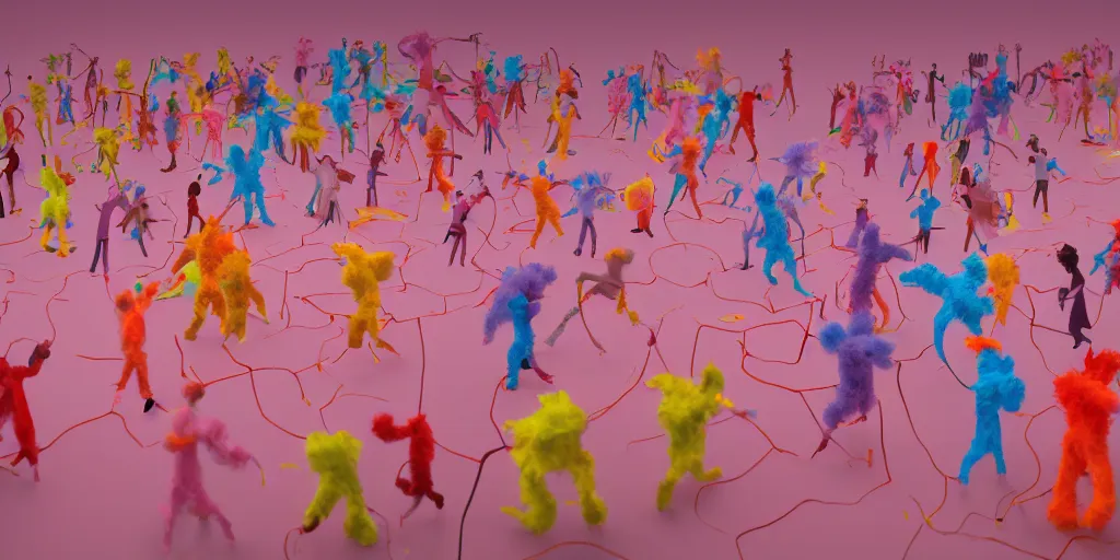 Image similar to group of giant sakura-colored people dancing made out of fluffy pipecleaners in the style of Jean-Michel Basquiat, 3D cinematic lighting, spotlight at a 90 DEGREE ANGLE, photorealism, octane render, depth of field, 8k, 35mm, artgem, Trending on artstation