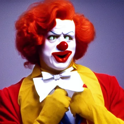 Prompt: Ronald McDonald as a supervillian in a 1980s movie