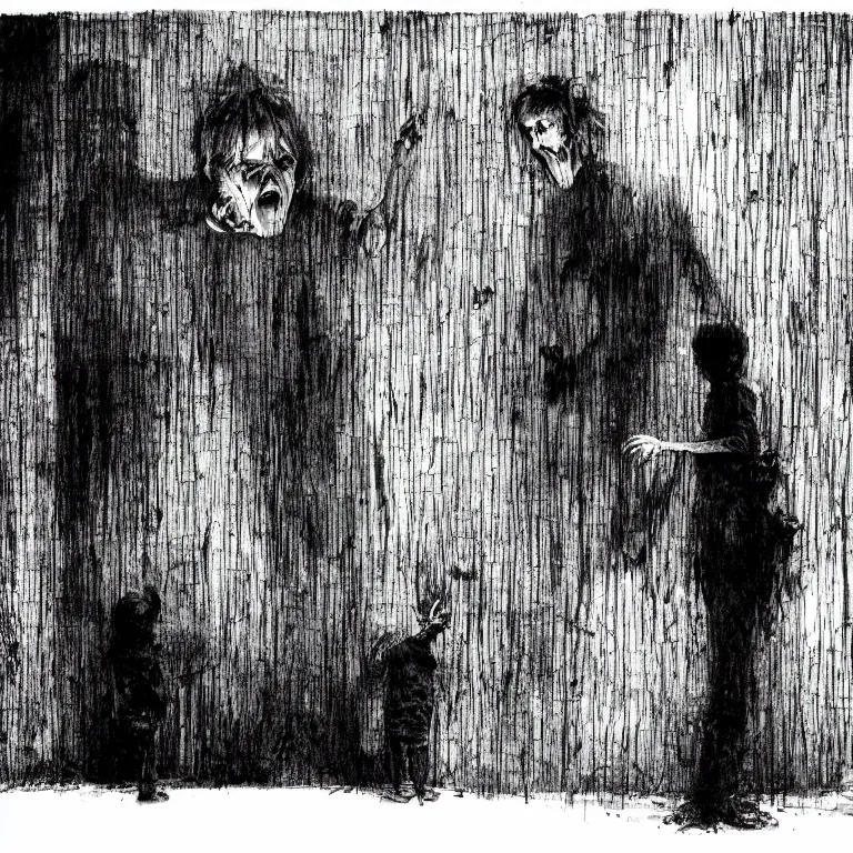 Prompt: A mother points her finger angrily at a frightened young boy in a darkened desolate and deserted basement, Illustration by Stephen Gammell, black and white, ink splatter, gothic horror, 4k, detailed artwork