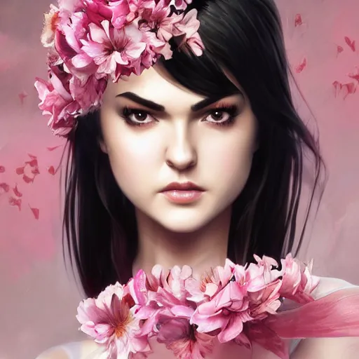 Image similar to sasha grey expressive full body photo, of beautiful angel, smooth glowing skin, ornate headpiece made from pink flowers, glamour shot, by yoshitaka amano, by greg rutkowski, by jeremyg lipkinng, by artgerm, digital art, octane render