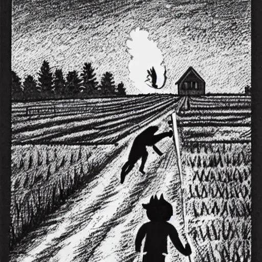 Image similar to a giant werewolf running after a little boy farmer holding a flaming torch toward a wheat field, an old wooden house in the background