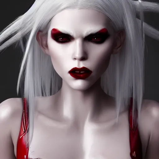 Image similar to a highly detailed portrait of a humanoid demon girl with white hair, red horns, in white clothes, artstation, deviantart, professional, unreal engine 5, photorealistic