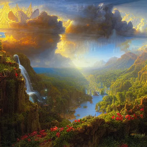 Image similar to realistic detailed view of heaven by terance james bond, russell chatham, greg olsen, thomas cole, james e reynolds, photorealistic, fairytale, art nouveau, illustration, concept design, storybook layout, story board format