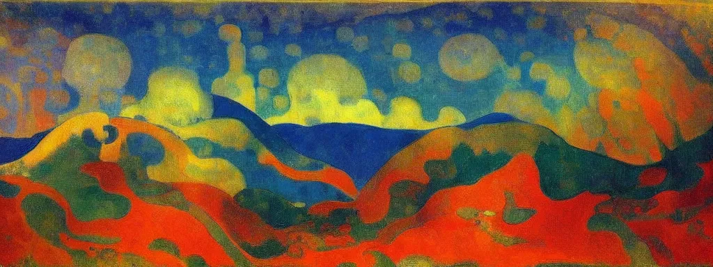 Image similar to An insane, modernist landscape painting. Wild energy patterns rippling in all directions. Curves, organic, zig-zags. Mountains, clouds. Rushing water. Waves. Psychedelic dream world. Ethereal. Odilon Redon. Andre Derain.