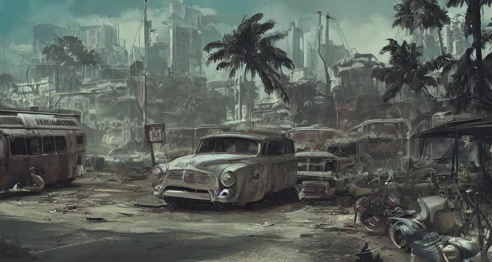 Image similar to fallout 5, tropical coastal city in real life, desolate, dilapidated, small settlements, abandoned retro futuristic vintage car and truck, buses, trees run rampant, illustration, perfectly shaded, oft painting, art by krenz cushart and wenjun lin