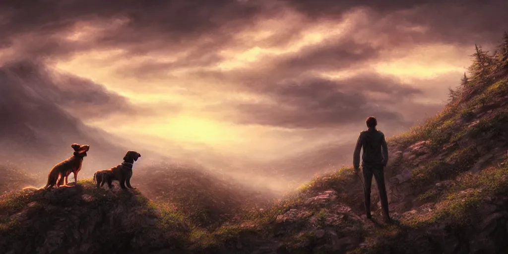 Image similar to an intricate concept illustration of a man with his dog in a mountain in a cloudy sunset, cinematic, hyper realistic, intricate details, anime style, concept art, cinematic lighting