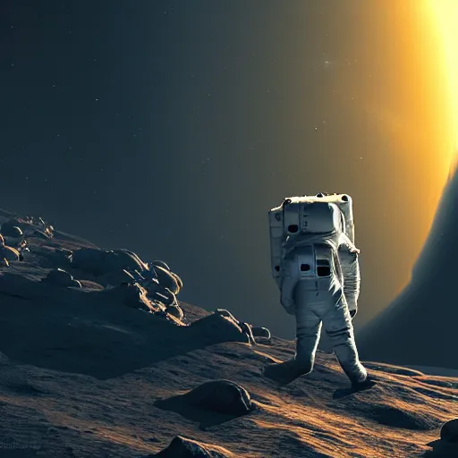 Image similar to one astronaut on the moon, beautiful dynamic lighting, cinematic, wide angle establishing shot, extremely high detail, photo realistic, cinematic lighting, post processed, concept art, artstation, matte painting, style by frederic church, raphael lacoste, unreal engine 8 k