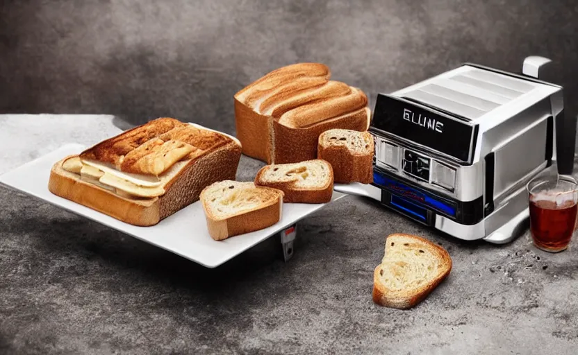 Image similar to a time-traveling delorean styled toaster with toast, bread inserted into slot, professional product shot, magazine ad