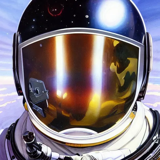 Prompt: a close up painting of an astronaut floating in space. his helmet visor is dark and reflective. you can see the reflection of the photographer in his helmet visor. by artgerm and greg rutkowski and alphonse mucha