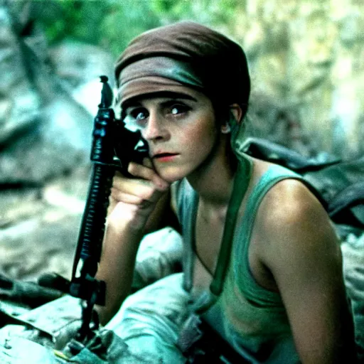 Image similar to film still, extreme far view, emma watson vietnam door gunner, film still from apocalypse now ( 1 9 7 9 ), 2 6 mm, kodak ektachrome, blue tint expired film,