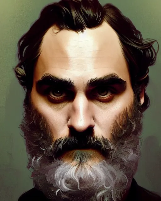 Image similar to painting of joaquin phoenix, decorated, intricate, elegant, highly detailed, digital painting, artstation, concept art, smooth, sharp focus, illustration, art by artgerm and greg rutkowski and alphonse mucha, 8 k