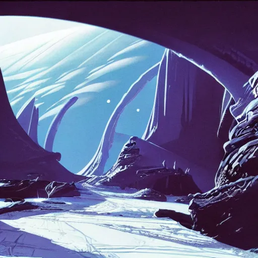 Image similar to Frozen frontiers on an alien planet, floating mountains above clouds in the background, vanishing perspective of a road, ravine, Syd Mead, John Harris, Federico Pelat,