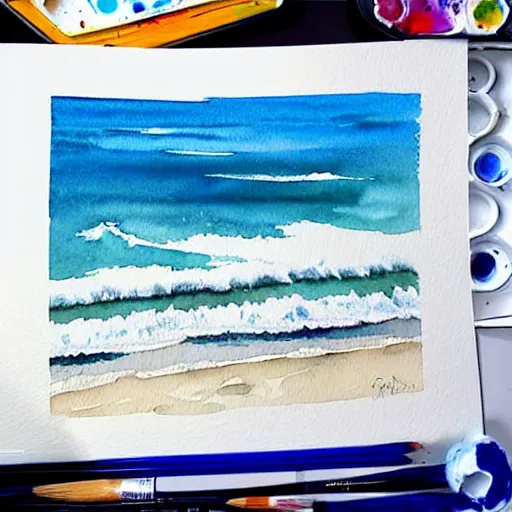 Image similar to one more sleep until the beach, watercolor painting, hyperrealism