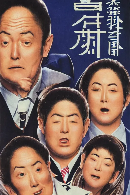 Image similar to coneheads, japanese vhs cover art, detailed facial expressions