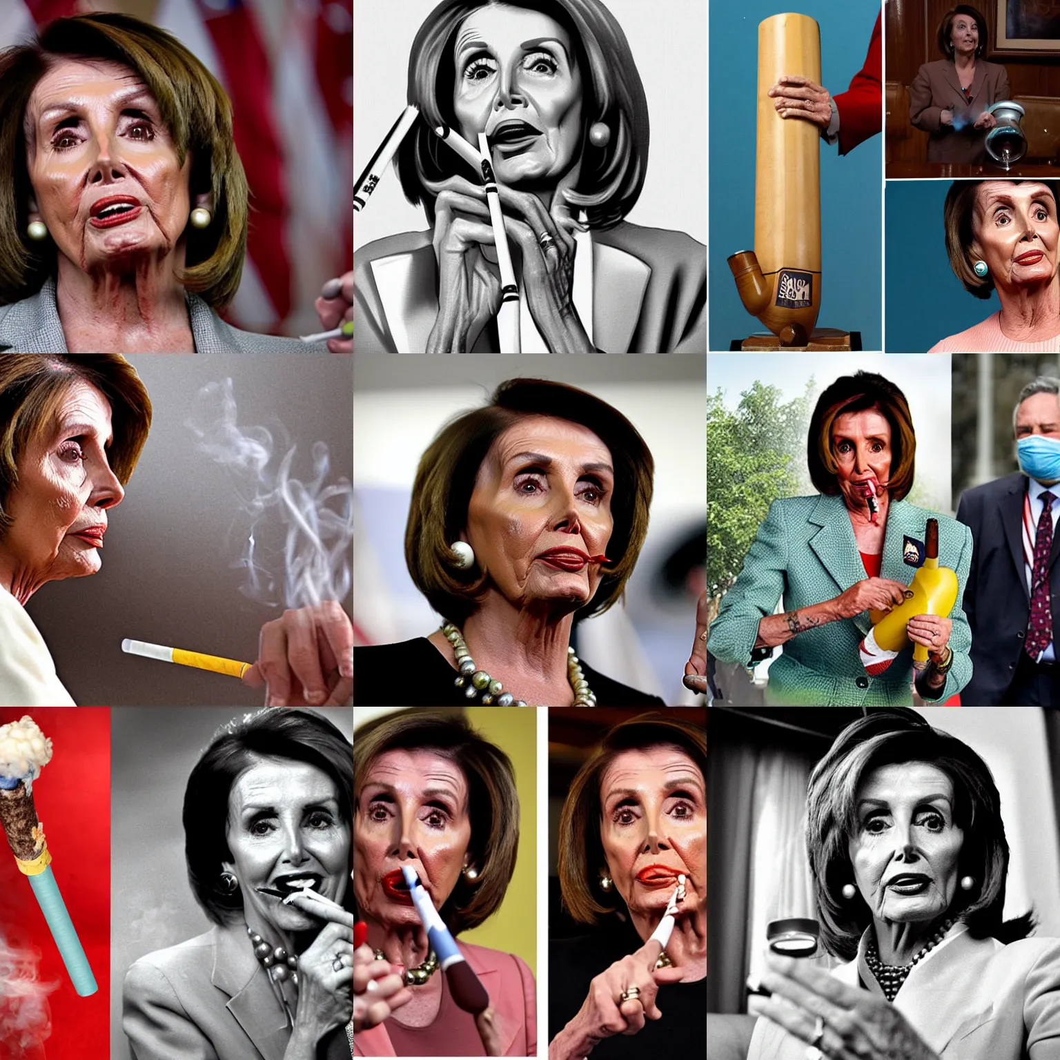 Prompt: Nancy Pelosi smoking a huge bong and getting super high, detailed, photorealistic