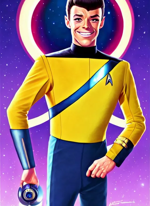 Image similar to cute star trek officer tom daley, natural lighting, path traced, highly detailed, high quality, digital painting, by don bluth and ross tran and studio ghibli and alphonse mucha, artgerm