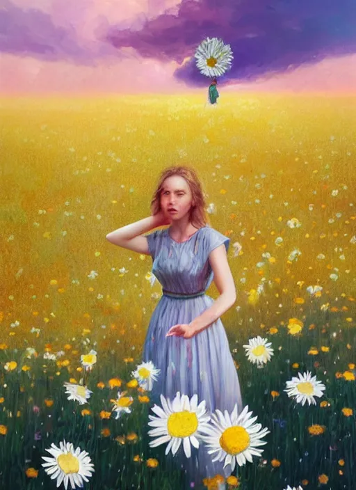 Image similar to portrait of a female face made of giant daisies, standing in a flower field, holding flowers, surreal photography, sunset dramatic light, impressionist painting, colorful clouds, large sky, digital painting, artstation, simon stalenhag