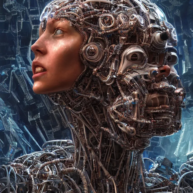 Image similar to hyperrealistic mixed media portrait of the robotic face of god, stunning 3d render inspired art by P. Craig Russell and Barry Windsor-Smith + perfect facial symmetry + dim volumetric lighting, 8k octane beautifully detailed render, post-processing, extremely hyperdetailed, intricate futuristic mechanic parts, epic composition, grim yet sparkling atmosphere, cinematic lighting + masterpiece, trending on artstation