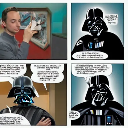 Prompt: darth vader removing his mask to reveal that he is sheldon cooper