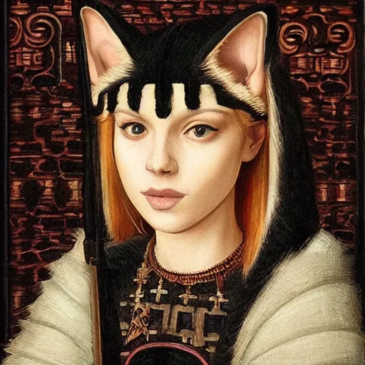 Image similar to a medieval portrait masterpiece of a cute and pretty catgirl, highly detailed and symmetrical, beautiful composition and lightning, gorgeous colour palette