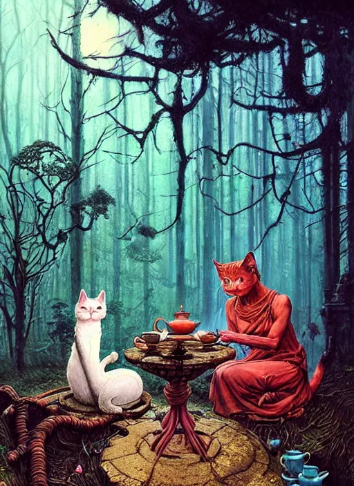 Prompt: cat having tea with a sorceress at a shrine in the woods gorgeous lighting, lush forest foliage blue sky a hyper realistic painting by chiara bautista and beksinski and norman rockwell and greg rutkowski weta studio, and lucasfilm