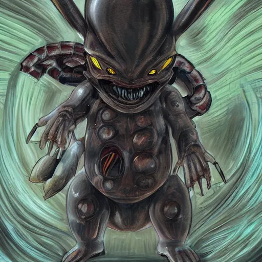 Prompt: detailed painting of a cute pikachu that looks like a xenomorph, in the style of h r giger and wayne barlowe