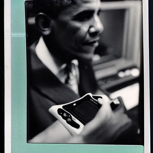 Prompt: Obama playing on the game boy, taken by a Polaroid camera, late 1990’s