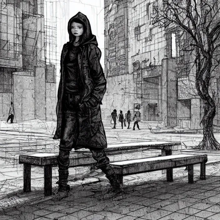 Image similar to storyboard : sadie sink in hoodie sits on long bench in ruined square, pedestrians walk by, soviet monument and propaganda posters. scifi cyberpunk. by gabriel hardman. cinematic atmosphere, detailed and intricate, perfect anatomy