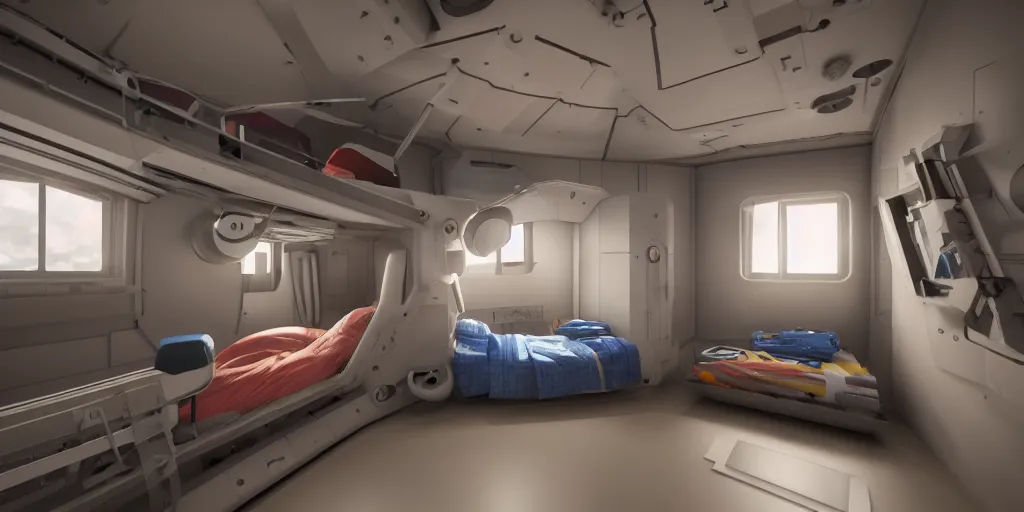 Image similar to Room of a spacecraft, with a bunk bed, Dark and light mixture, Light light atmosphere, soft light, warm tones, lights, gloom and lights, warm tones, warm colors, photo realistic, playing, CGI, Unreal Engine, Hdri