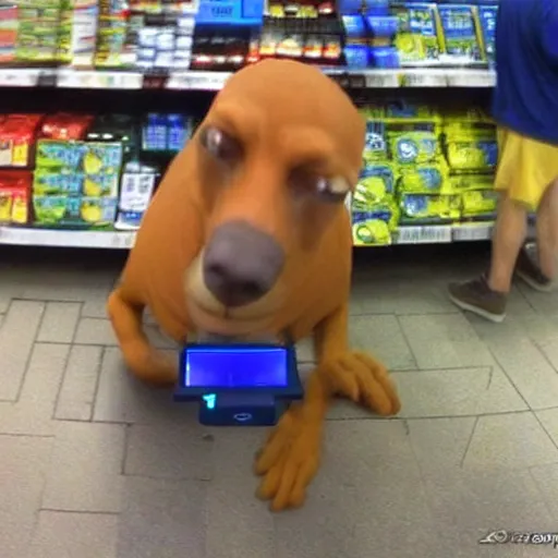 Image similar to drunken scooby at walmart checkout, realistic, cctv