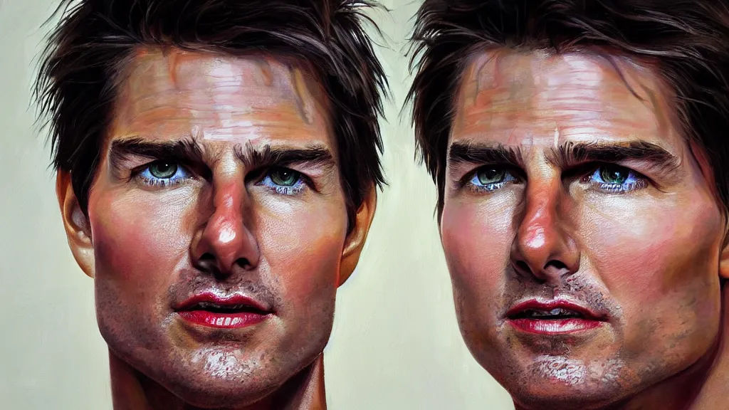 Prompt: A portrait painting of Tom Cruise; the most beautiul painting in the world; trending on artstation; oil on canvas; correct face; correct eyes; anatomically correct; extraordinary masterpiece!!!!!!; 8k
